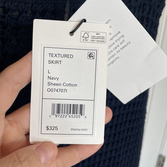 NWT Theory Women's Navy Blue Crochet Cotton Textured Knit Midi Pencil Skirt Sz L - Picture 9 of 16